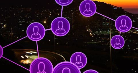 Neon purple user network connecting over coastal city sunset with light trails, urban glow