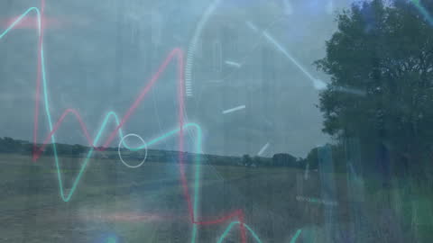 Abstract Financial Data Animation Over Scenic Landscape