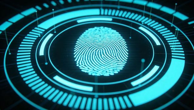 Glowing Biometric Fingerprint Scanning on Futuristic HUD Cybersecurity Interface