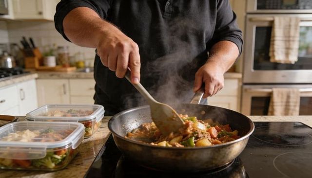 Man stirring skillet while preparing meal-prep containers with steaming vegetables