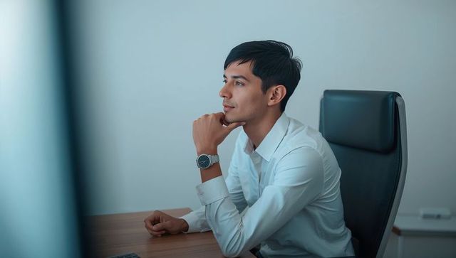 Leaning forward asian professional gazing left at desk in modern minimalist office interior