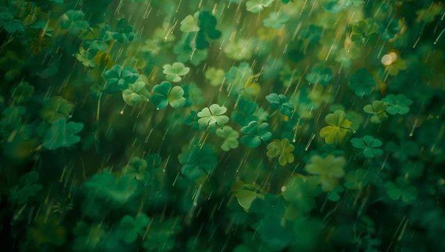 Clover carpet sparkling under streaking rain with bokeh droplets and soft green light