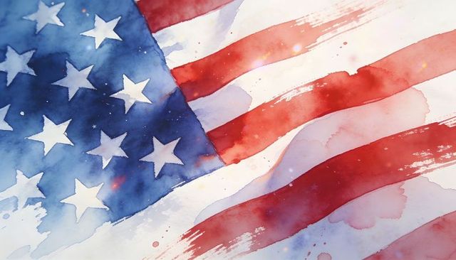 Watercolor american flag abstract painting with stars and brushstroke stripes for patriotic design