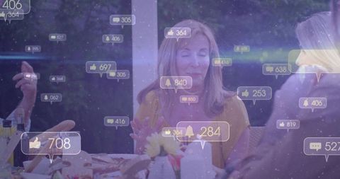 Mature Woman Chatting with Family Amid Digital Notifications