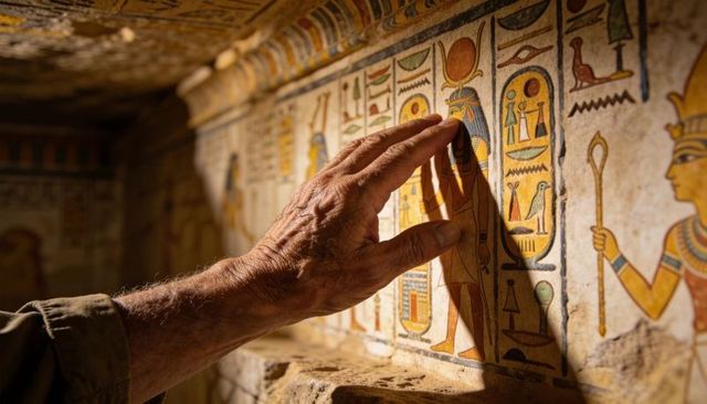 Elderly hand touching egyptian wall carvings, warm shadow
