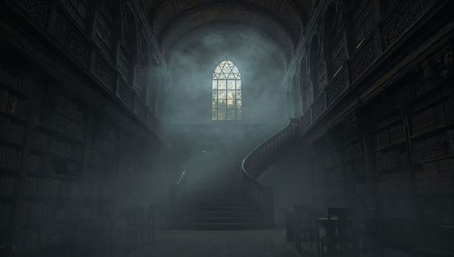 Grand staircase in historic library with dramatic lighting