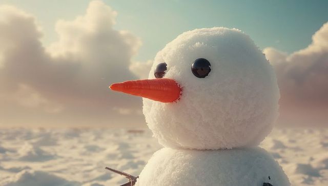 Cheerful snowman with carrot nose on sunny snowy plain horizon