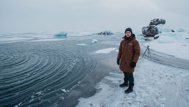 Photographer in brown parka standing on frozen coastline with tripod amid arctic ice floes
