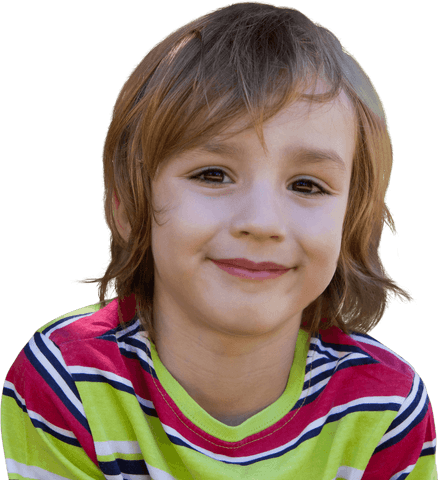 Transparent happy young boy smiling outdoors in striped shirt