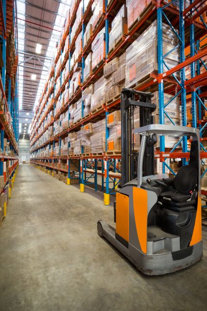 Forklift truck parked in a large warehouse aisle with tall shelves filled with pallets. Ideal for illustrating logistics, warehouse management, inventory control, and industrial storage solutions. Useful for articles, presentations, and marketing materials related to supply chain and distribution.