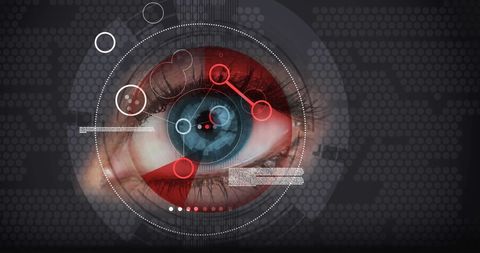 Futuristic technology interface over eye featuring digital graphics