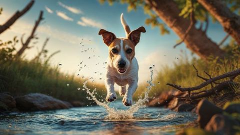 Energetic terrier leaping through creek in vibrant countryside