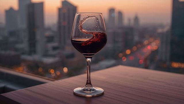 Red wine swirling in glass on rooftop balcony at dusk with city bokeh and amber twilight