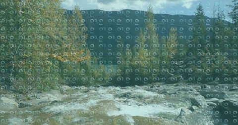 Rushing rapids in mountain valley with autumn foliage and conifers