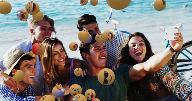 Friends Taking Selfie on Beach Surrounded by Emojis - Download Free Stock Images Pikwizard.com