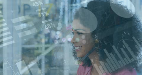 Smiling Businesswoman with Headset and Financial Data Graphics
