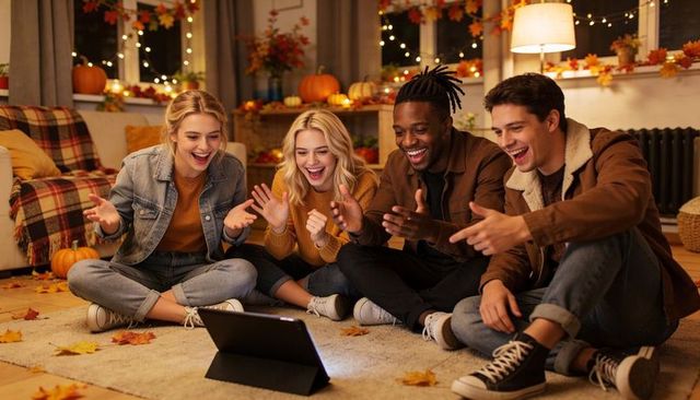 Friends laughing and cheering while watching tablet on cozy autumn rug with pumpkins
