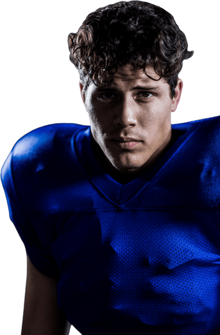 Transparent background determined football player portrait in blue jersey