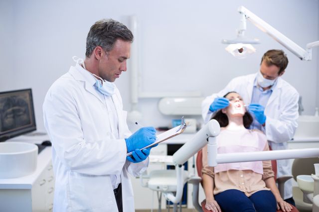 Dentists treating a patient in a modern dental clinic. One dentist is writing on a clipboard while the other is examining the patient's teeth. Useful for illustrating dental care, healthcare services, and professional medical environments.