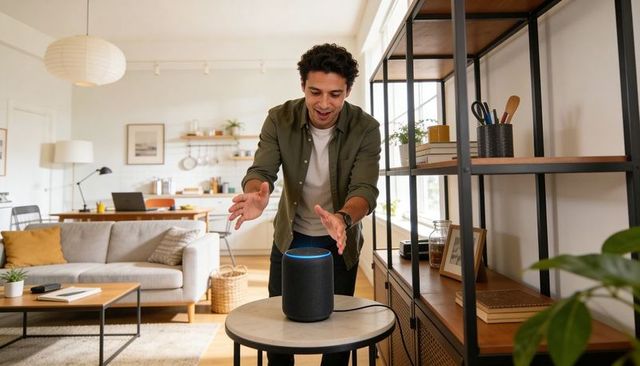 Man interacting with smart speaker in modern living room, voice assistant home technology