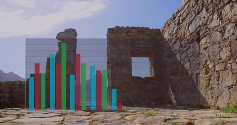Sunlit stone ruin courtyard casting long shadows with transparent bar chart data overlay