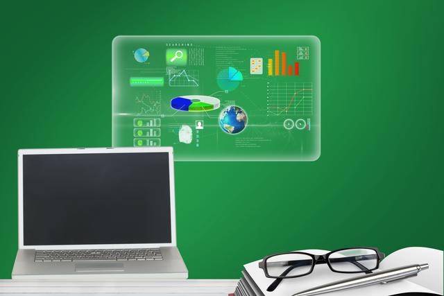 Modern workspace featuring a laptop and a digital interface with various data visualizations on a green background. Ideal for illustrating concepts related to technology, business analytics, data visualization, and productivity. Suitable for use in articles, presentations, and marketing materials focusing on innovation and modern office environments.