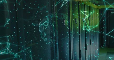 Futuristic Datacenter Server Racks with Holographic Network Overlay and Teal Cyber Glow