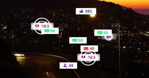 Nighttime city road with floating social media notification badges glowing over skyline