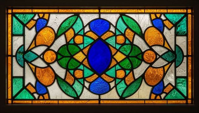 Colorful stained glass panel depicting geometric pattern design