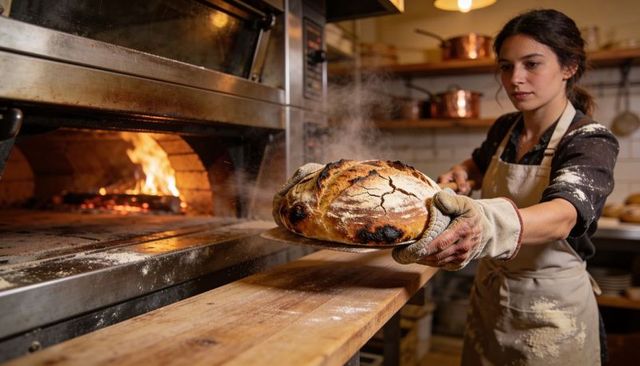 Artisan baker removing steaming sourdough loaf from wood-fired oven in rustic bakery
