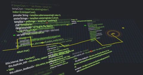 Neon 3D Code Panels Traversing Dark Grid with Yellow Trajectory and Target Node