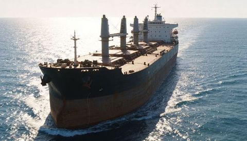 Sailing weathered bulk carrier with four deck cranes cutting through sunlit open ocean