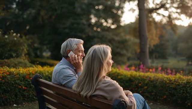 Senior couple sitting on wooden bench enjoying park sunset while man talking on phone
