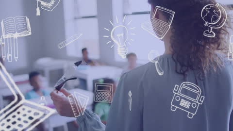 Animated School Icons Surround Enthusiastic Teacher in Modern Classroom