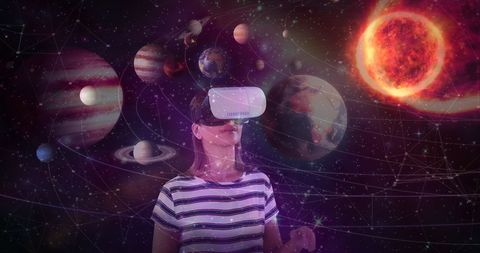 Woman exploring universe with augmented reality headset
