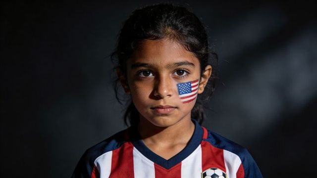 Young girl wearing american flag face paint and striped soccer jersey headshot