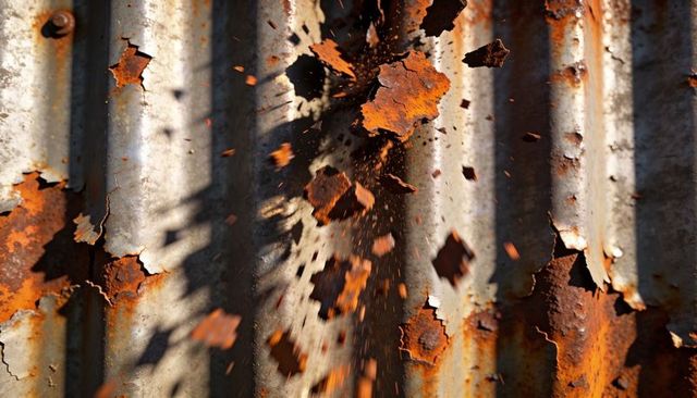 Corrugated metal shedding rust and flaking paint chips falling closeup texture
