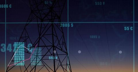 Dusk transmission tower silhouette with digital grid overlay and energy data visualization