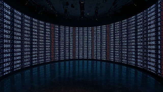 Curved led wall displaying currency values and financial data with red highlights
