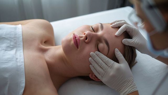 Woman receiving facial assessment from clinician wearing gloves and mask in spa clinic