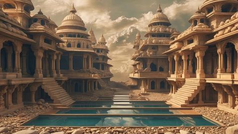 Majestic temple courtyard with golden light and reflecting basins