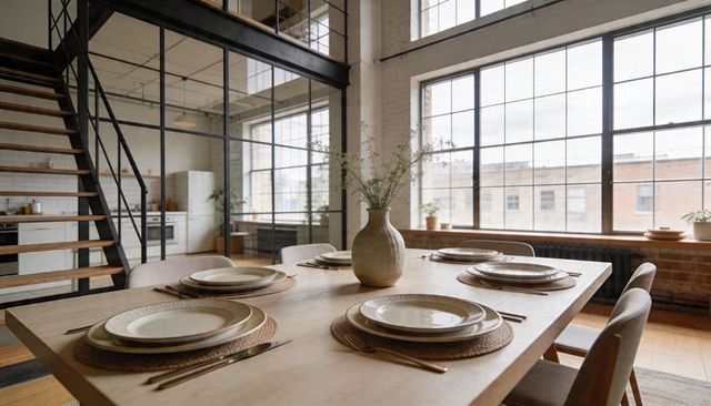 Industrial loft dining for six with minimalist ceramic vase and sunlit expansive windows