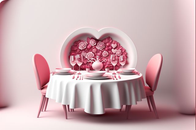 Table and pink chairs with hearts on pink background, created using generative ai technology. Valentines day and celebration concept digitally generated image.