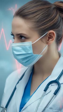 Vertical video: Masked doctor reviewing chart with ECG overlay, offering clinical reassurance