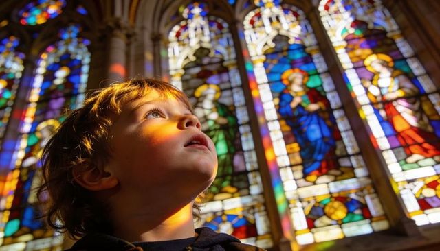 Young boy gazing at stained glass light in gothic cathedral nave