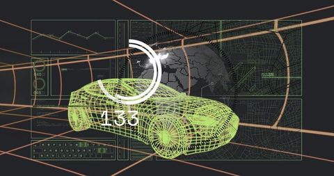 Neon green 3D wireframe car rotating inside futuristic HUD interface with map and globe