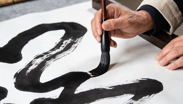 Artist painting bold black calligraphy strokes with traditional ink brush on paper