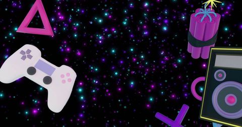 Retro gaming neon icons on starry night background