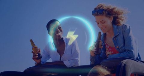 Happy Friends Enjoying Drive with Refreshments, Sunlit Day