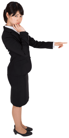 Insecure Asian Businesswoman Confidently Pointing on Transparent Background